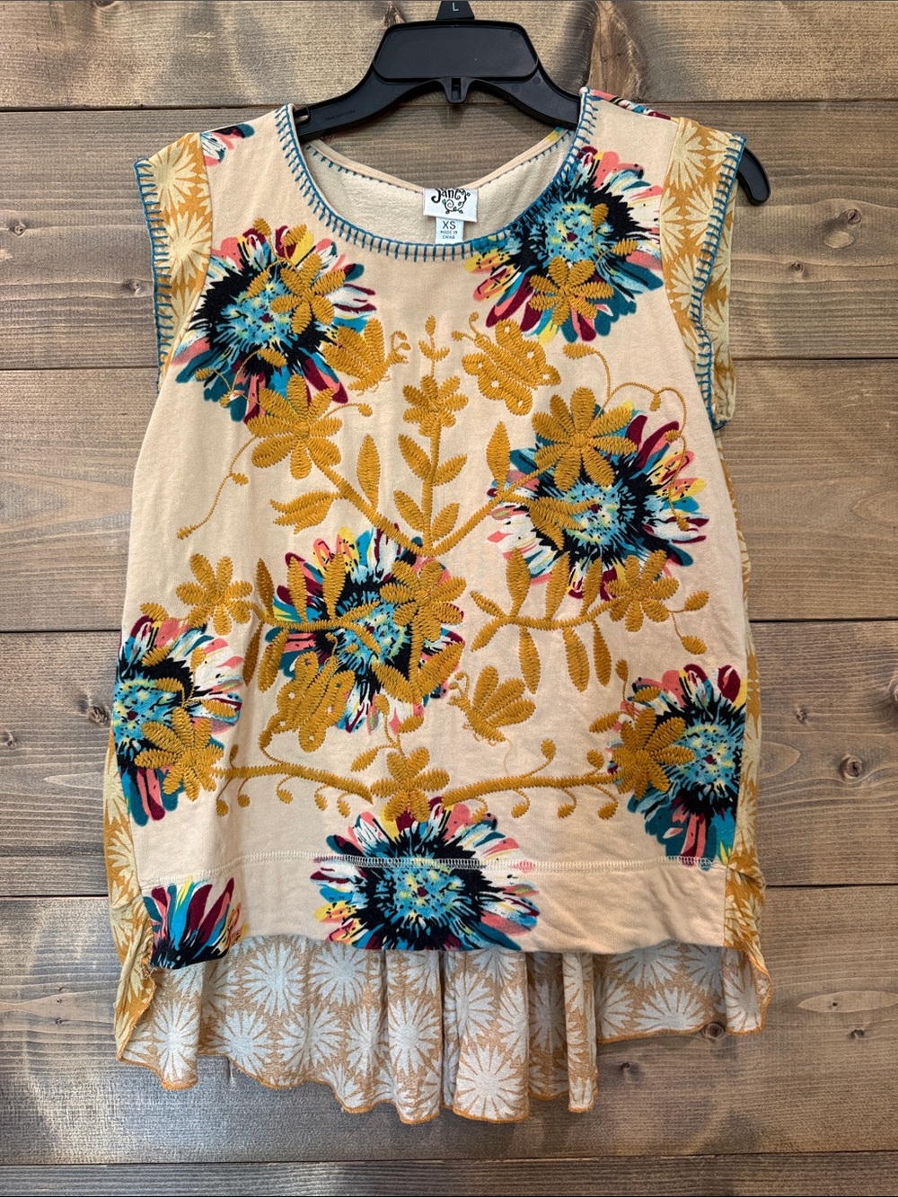 ivy jane Cream Floral Embroidered Short Sleeve Top with Teal & Mustard Accents